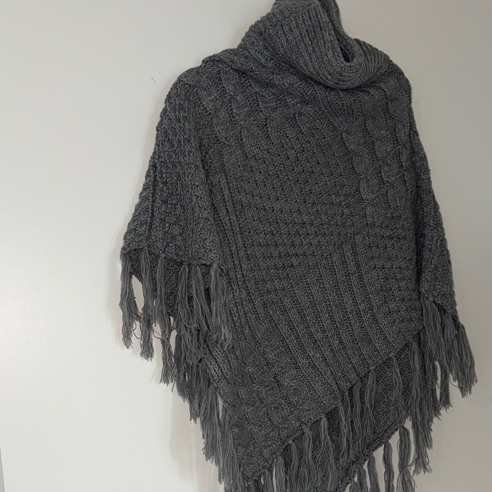 Gray Knit Poncho with Fringe